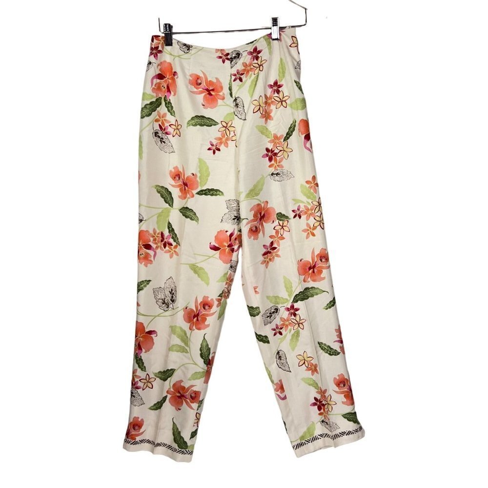 VINTAGE Talbots 100% Silk Pants Cream Floral Straight Leg Pink Green size Small